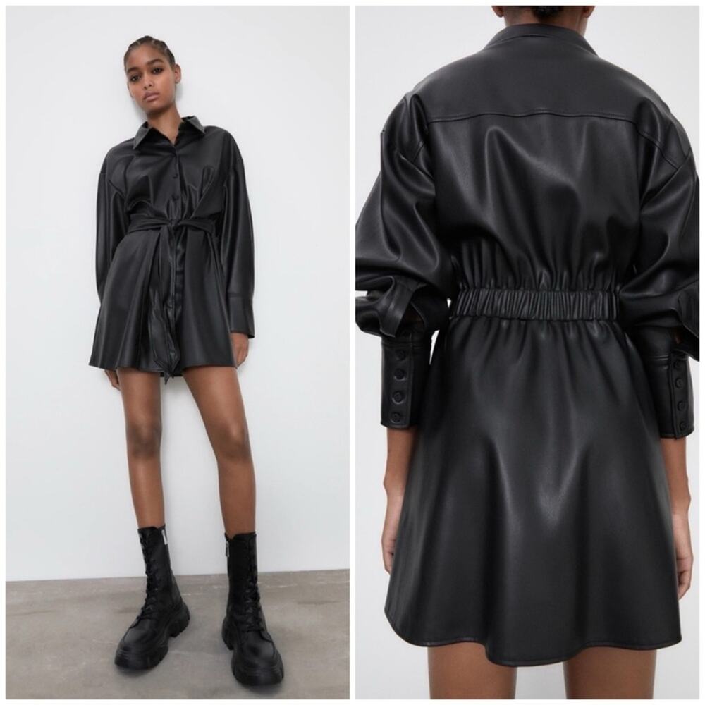 NWT Zara Black Faux Leather Shirt Dress - Picture 4 of 11